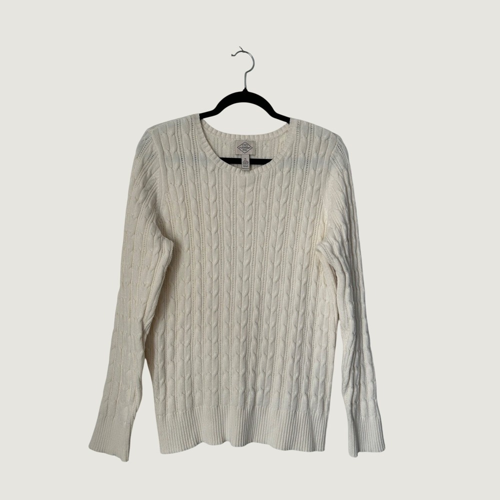 St. Johns Bay Sweater Size XL Ivory Cable Knit Crew Neck Fisherman Chunky Cotton